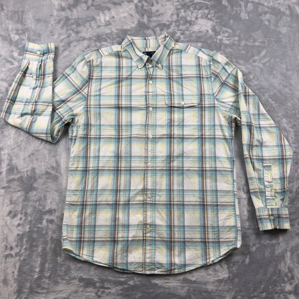 Gap Mens Slim Fit Plaid Button Down Shirt Teal Yellow White Large